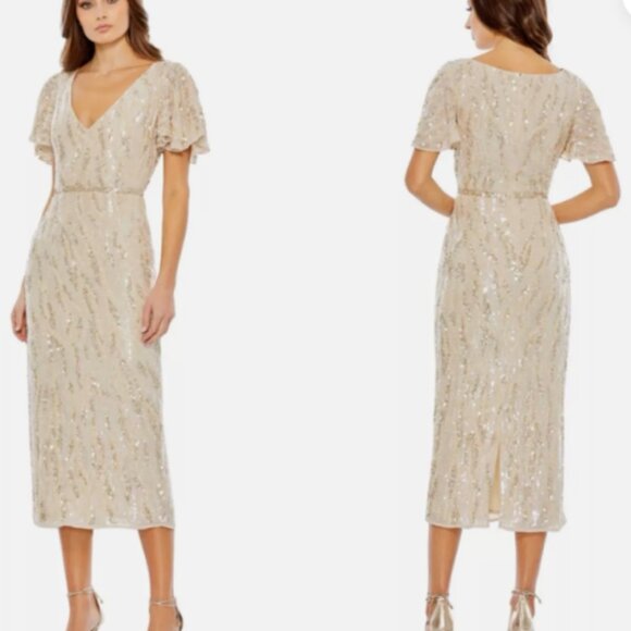 MAC DUGGAL 93591 SEQUINED V-NECK FLUTTER SLEEVE TEA LENGTH OYSTER SHEAT DRESS 8 - Picture 5 of 5